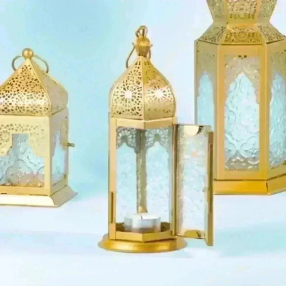 Handmade Medium Metal and Etched Glass Tea Light Hanging Lantern in Classic Gold - Picture 5 of 5